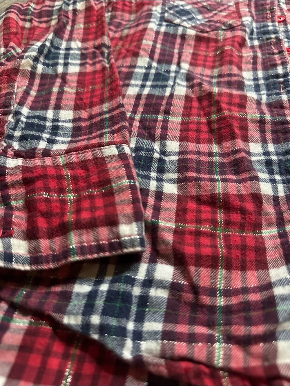 Justice Girls Red Plaid Flannel Shirt Lg Sleeve ButtonUp Metallic accent Size 10
